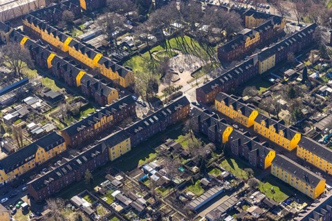 Aerial view, Duisburg Jupp colony, workers' housing estate with terraced houses, Steigerstraße,