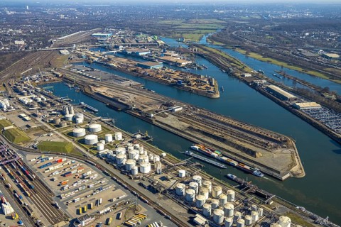 Aerial view, Duisburg harbour, coal island, Duisport, Rhine-Herne Canal, Ruhr, Ruhrort, Duisburg,