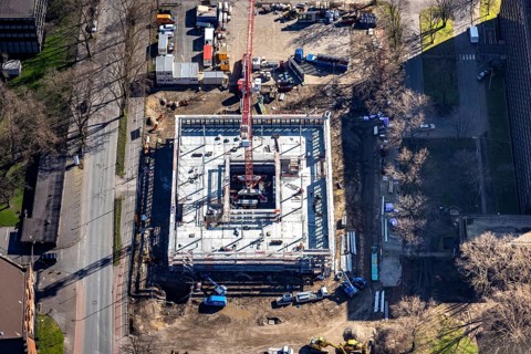 Aerial view, construction site new building on the administration site thyssenkrupp Steel Europe