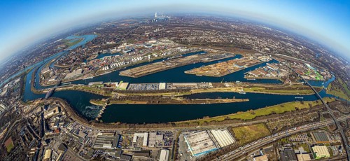 Aerial view, Duisburg harbour, coal island, Duisport, Rhine-Herne Canal, Ruhr, fisheye image,