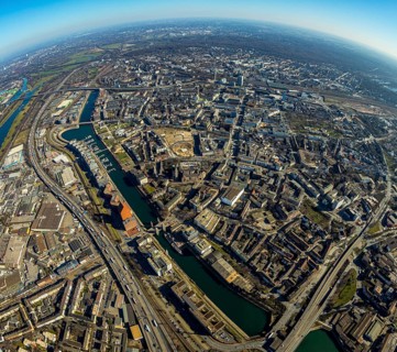 Aerial photo, inner harbour, Schwanentor, fisheye, Duisburg-Mitte, Duisburg town hall, Ruhrort,