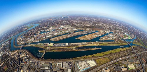 Aerial view, Duisburg harbour, coal island, Duisport, Rhine-Herne Canal, Ruhr, fisheye image,