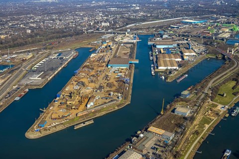 Aerial view, Duisburg harbour, coal island, Duisport, Rhine-Herne Canal, Ruhr, Ruhrort, Duisburg,