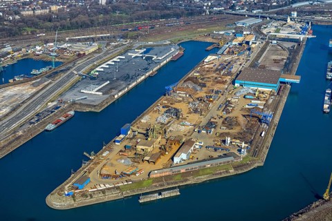 Aerial view, Duisburg harbour, coal island, Duisport, Rhine-Herne Canal, Ruhr, Ruhrort, Duisburg,