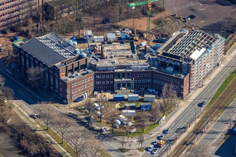 Aerial view, construction site for planned office building, former Hamborn municipal swimming pool,