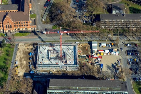 Aerial view, construction site new building on the administration site thyssenkrupp Steel Europe