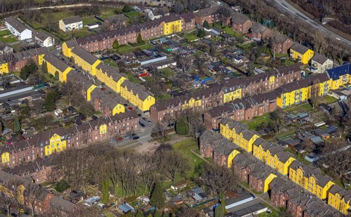 Aerial view, Duisburg Jupp colony, workers' housing estate with terraced houses, Steigerstraße,