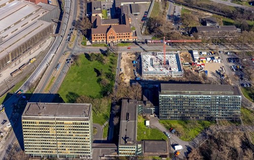 Aerial view, construction site new building on the administration site thyssenkrupp Steel Europe