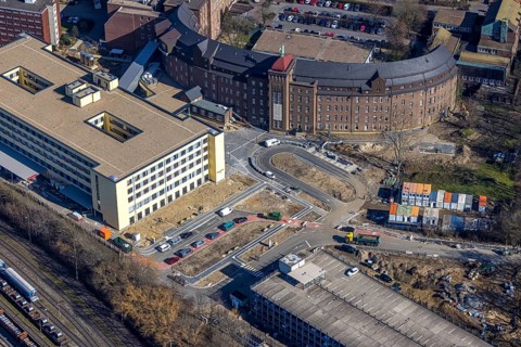 Aerial view, construction site new building and extension of Helios St. Johannes Klinik,