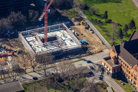 Aerial view, construction site new building on the administration site thyssenkrupp Steel Europe