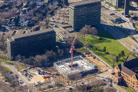 Aerial view, construction site new building on the administration site thyssenkrupp Steel Europe