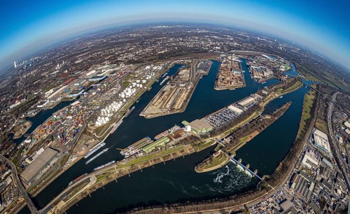 Aerial view, Duisburg harbour, coal island, Duisport, Rhine-Herne Canal, Ruhr, fisheye image,