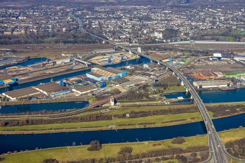 Aerial view, Duisburg harbour, coal island, Duisport, Rhine-Herne Canal, Ruhr, fisheye image,