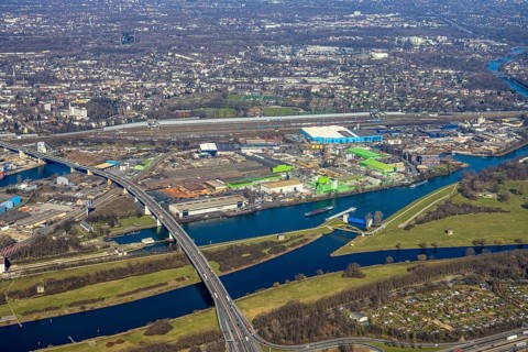 Aerial view, Duisburg harbour, coal island, Duisport, Rhine-Herne Canal, Ruhr, fisheye image,