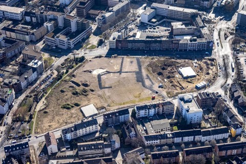 Aerial view, construction site for new residential complex, Mercator Quartier Duisburg,