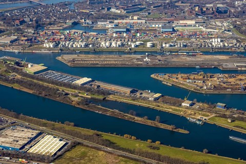 Aerial view, Duisburg harbour, coal island, Duisport, Rhine-Herne Canal, Ruhr, fisheye image,