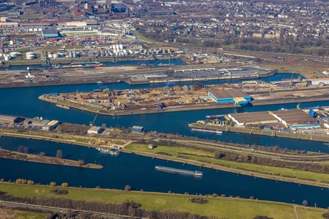 Aerial view, Duisburg harbour, coal island, Duisport, Rhine-Herne Canal, Ruhr, fisheye image,