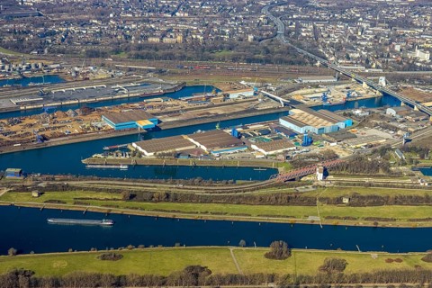 Aerial view, Duisburg harbour, coal island, Duisport, Rhine-Herne Canal, Ruhr, fisheye image,