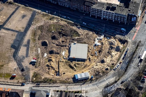Aerial view, construction site for new residential complex, Mercator Quartier Duisburg,