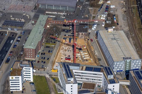 Aerial view, construction site Wuhanstraße Quartier 1, federal police building, new building