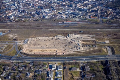 Aerial view, track system old goods station, Duisburger Freiheit, demolition building, site of the
