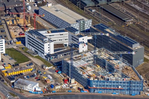 Aerial view, construction site Wuhanstraße Quartier 1, new building Duisburg City Office,