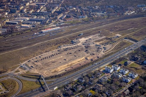 Aerial view, track system old goods station, Duisburger Freiheit, demolition building, site of the