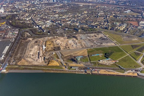 Aerial view, demolition of wire rolling mill for new construction RHEINORT neighbourhood,