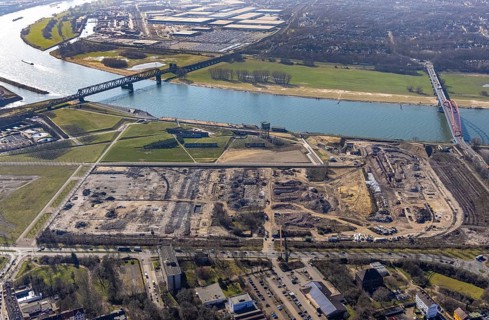 Aerial view, demolition of wire rolling mill for new construction RHEINORT quarter, construction