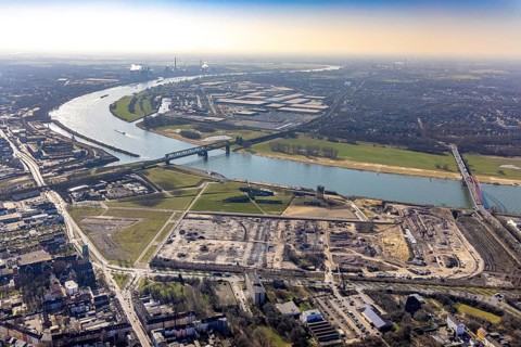 Aerial view, demolition of wire rolling mill for new construction RHEINORT neighbourhood,