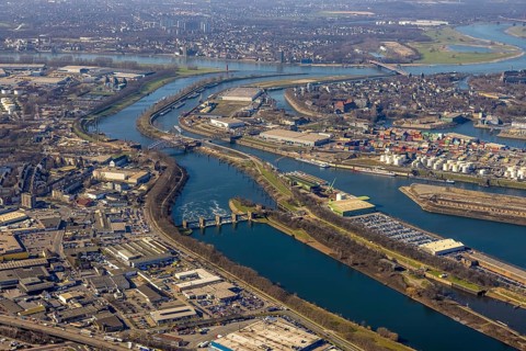 Aerial view, Duisburg harbour, coal island, Duisport, Rhine-Herne Canal, Ruhr, fisheye image,