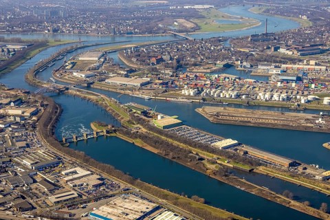 Aerial view, Duisburg harbour, coal island, Duisport, Rhine-Herne Canal, Ruhr, fisheye image,