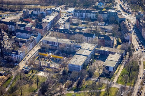 Aerial view, construction site, new building, sports hall Steinbart-Gymnasium, Dellviertel,