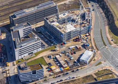 Aerial view, construction site Wuhanstraße Quartier 1, State Office for Nature Environment and