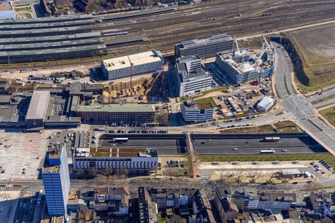 Aerial view, construction site Wuhanstraße Quartier 1, new building Duisburg City Office,