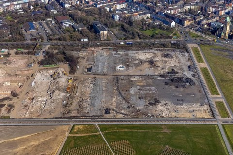 Aerial view, demolition of wire rolling mill for new construction RHEINORT quarter, construction