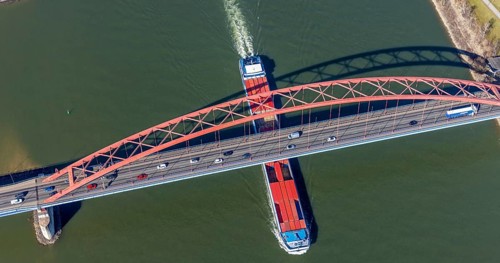 Aerial view, Bridge of Solidarity and container ship on the Rhine, Hochfeld, Duisburg, Ruhr area,