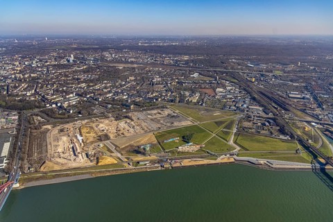 Aerial view, demolition of wire rolling mill for new construction RHEINORT neighbourhood,