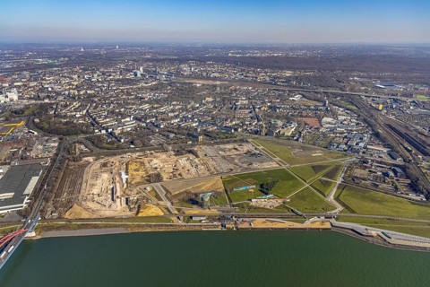 Aerial view, demolition of wire rolling mill for new construction RHEINORT neighbourhood,