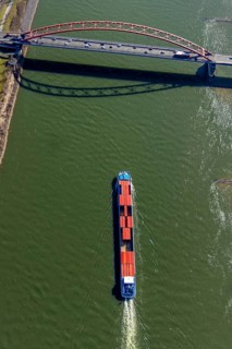 Aerial view, Bridge of Solidarity and container ship on the Rhine, Hochfeld, Duisburg, Ruhr area,