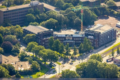 Aerial view, construction site for planned office building, former municipal swimming pool Hamborn,