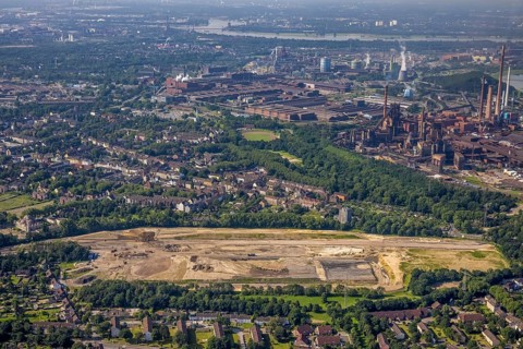 Aerial view, brownfield revitalisation commercial area Friedrich-Park, planned thoroughfare, DITIB
