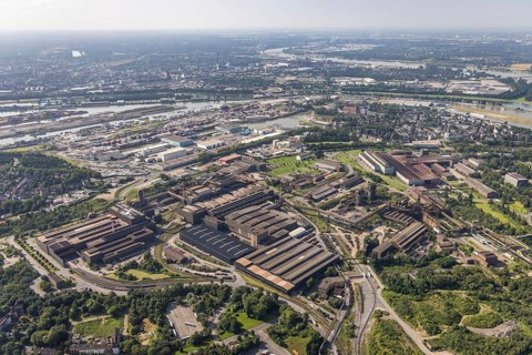 Aerial view, ArcelorMittal Hochfeld steel wire plant, Ruhrort harbour, Laar, Duisburg, Ruhr area,