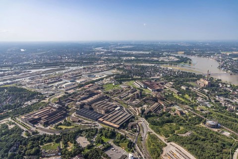 Aerial view, ArcelorMittal Hochfeld steel wire plant, Ruhrort harbour, Laar, Duisburg, Ruhr area,