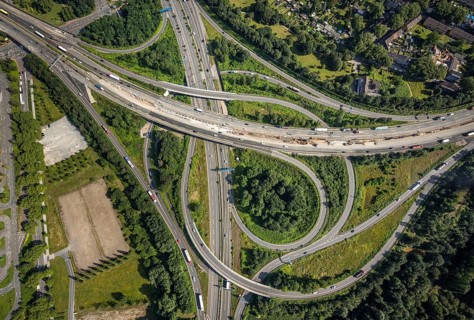 Aerial view, motorway junction Duisburg-Nord, A42 and A59, Obermeiderich, Duisburg, Ruhr area,