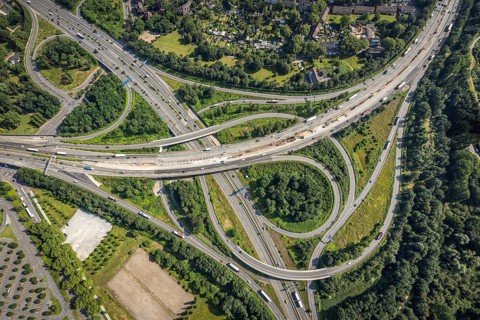 Aerial view, motorway junction Duisburg-Nord, A42 and A59, Obermeiderich, Duisburg, Ruhr area,