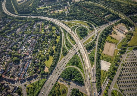 Aerial view, motorway junction Duisburg-Nord, A42 and A59, Obermeiderich, Duisburg, Ruhr area,