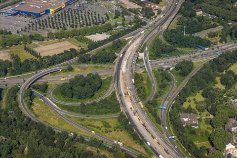 Aerial view, motorway junction Duisburg-Nord, A42 and A59, Obermeiderich, Duisburg, Ruhr area,