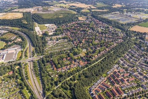 Aerial view, church Polska Misja Katolicka, community primary school, allotment garden association