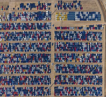 Aerial view, new car dump, export cars, import cars, Duisport, Duisburger Hafen AG, Logport I,